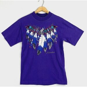 VINTAGE Native Graphic Shirt Size Medium Purple Feather Alaska Single Stitch Tee